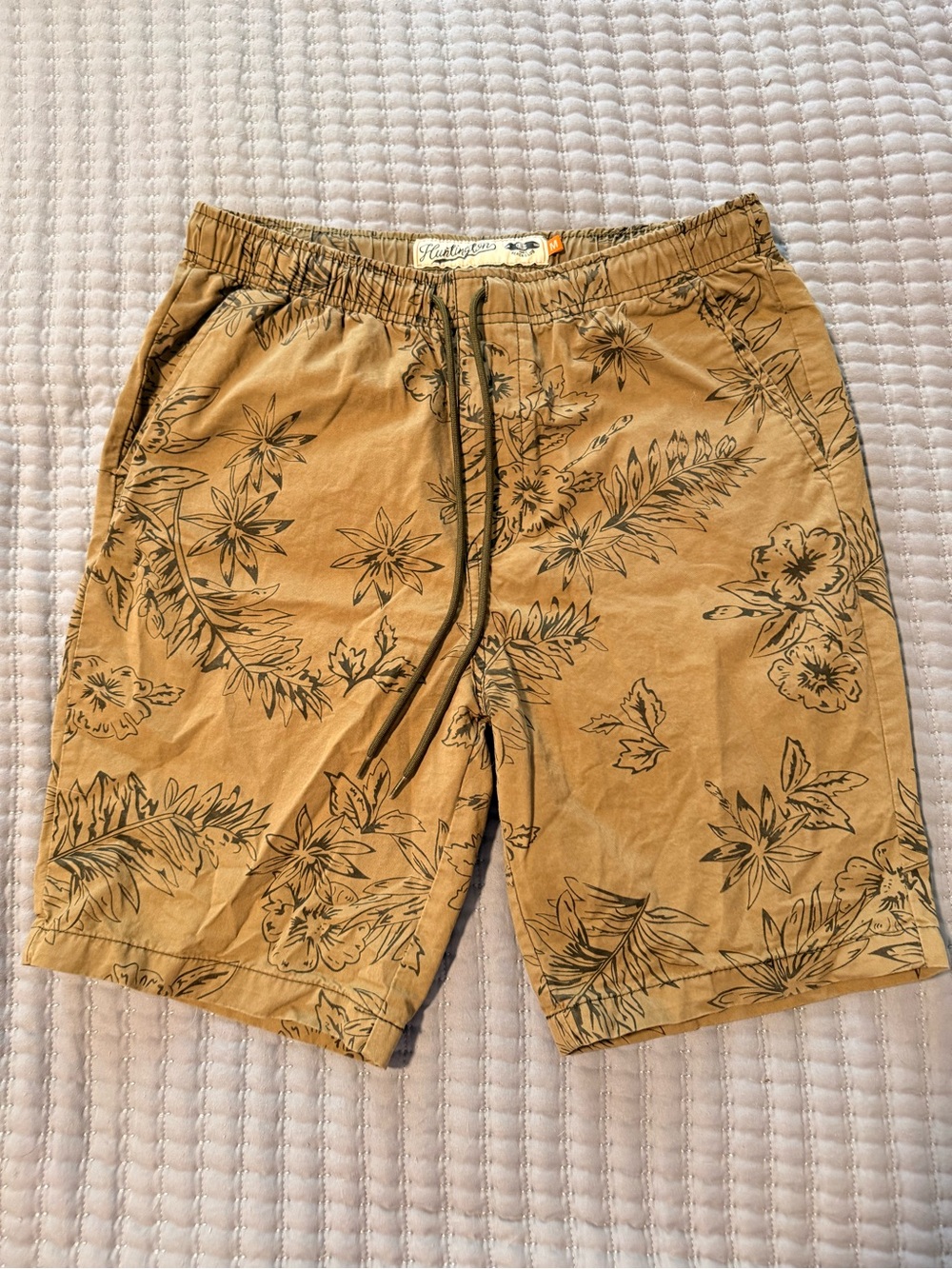 Katin Tan Floral Drawstring Swim Shorts with Black Print